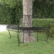 Half Round Tree Bench, 160 cm Black Steel Outdoor Patio Furniture, Weatherproof Garden Seating with Backrest