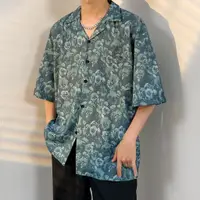 在飛比找蝦皮商城優惠-日式男士時尚休閒短袖襯衫印花大碼中性垂褶襯衫