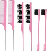 6 Pieces Teasing Brush Set Edge Brush with Comb, Small Bristle Hair Brush and Rat Tail Comb Double Sided Edge Control Brush Fine Tooth Parting Comb - Pink