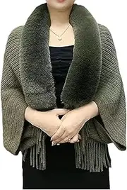[Generic] Permitime Shawl, Knitting Thick Women's Loose Shawl with Fur Collar, Ladies Knit Fringe Cape Shawl