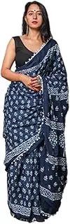 Shivanya Handicrafts Indigo Print Cotton Mulmul Saree for Women Attached Blouse Piece (indigo), White,Indigo,Black, 5.5 meter