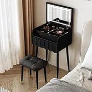 Stylish and Modern Vanity Desk with Mirror and Lights for Bedroom Makeup Table with Large Drawer Storage Transparent Glass Grid Black & White Options Includes Comfortable Makeup Chair Stool(Black,B-19