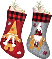 2 Pcs Christmas Stockings New Set, 3D Gnomes Santa Christmas Stockings Personalized (18inch) Soft Classic Red and Grey Fireplace Hanging for Family Holiday Xmas