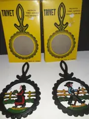 PAIR OF VINTAGE AMISH 1 MAN & 1 WOMAN CAST IRON TRIVET TAIWAN