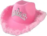 [aternee] Cowgirl Hat with Feather Boa - Cowboy Hat for Women, Teenage Girls with Fluffy Feather Brim for Bachelorette, Theme Costume Party, Role-Playing Dress-Up, Adult Size