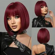 European And American Wig With Bangs, Black Burgundy, Short Straight Hair, Bob