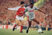 Anders Limpar of Arsenal closes down John Barnes of Liverpool duri- Old Photo