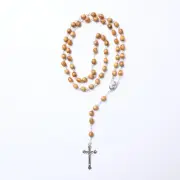 55cm Rosary Beads Wood/Silver with Crucifix Religious Christian Catholic