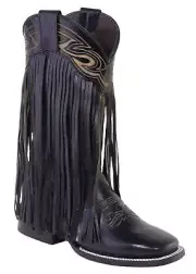 Ladies Genuine Leather Chloe Fringe Wide Square Toe Black Boots Handcrafted
