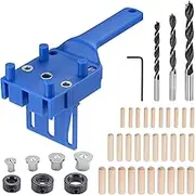 Aulivra 42 PCS Handheld Dowel Jig Kit with Drill Guide Block, Professional Woodworking Doweling Jig, Metal Sleeve Wood Drilling for Accurate Wood Dowels, includes 6/8/10mm drill bits, 30 wooden dowels