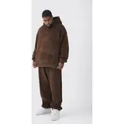Mens Chocolate Plus Borg Oversized Hooded Tracksuit