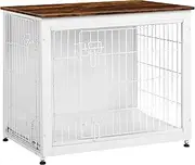 DWANTON Dog Crate Furniture with Cushion, Wooden Dog Crate with Double Doors, Dog Furniture, Dog Kennel Indoor for Small Dog，End Table, 32.5" L, White+Rustic Brown