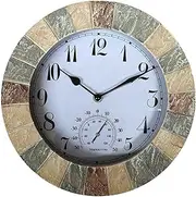 10 Inch Large Outdoor Indoor Clock, Waterproof Wall Clock with Thermometer, Weather-Resistant Non-Ticking Battery Operated Decor Clock for Patio Pool Lanai Fence (A)
