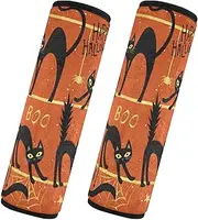 Car Seat Belt Pads Set of 2 Breathable Car Safety Seat Belt Strap Shoulder Pad Camera Bag Strap Cover Car Accessories for Adults Child Kids M Halloween Pattern Cat on Orange