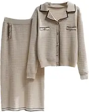 [HEYDHSDC] Women Casual Two Piece Knit Loungewear Set Black White Knitted Blazer Dress Warm Suit 2024