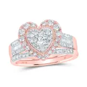 0.87 Cttw Baguette Diamond Heart Engagement Wedding Ring Band Set 10k Rose Gold