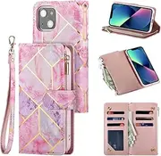 UEEBAI Wallet Case for iPhone 13, Premium Vintage PU Leather Magnetic Closure Handbag Zipper Pocket Case Kickstand Card Holder Slots with Wrist Strap TPU Shockproof Flip Case - Pink&Purple