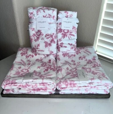 6-NWT LAURA ASHLEY DELPHINE WHITE AND PINK FLORAL TOWELS SET BUNDLE