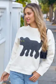 Cupshe White & Black Cat Print Crochet Sweater - White,S