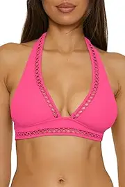 [BECCA] Women's Modern Edge Halter Bikini Top, Adjustable, Tie Back, Swimwear Separates, Punch, Medium
