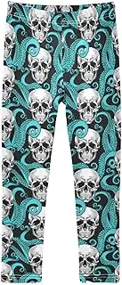 [Joisal] Chic Skull Blue Girls' Leggings, Soft for Black Dance Pants for Girls, 4-10T