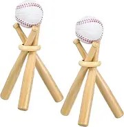 Quilax 2 Sets Baseball Stand, Wooden Baseball Holder with 6 Mini Bats and 2 Circles, Softball Stand Display Holder Centerpieces Tables for Baseballs Sports Lovers