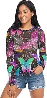 [RPLIFE] Neon Butterflies Black Mesh Tops, Womens Sheer Blouse S-XXL
