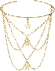 [DATOA] Boho Upper Tassel Arm Cuff Layered Bar Star Pendant Arm Bracelet Dainty Open Armband Beach Party Arm Jewelry