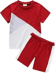 [BomDeals] Toddler Boys Color Block Outfits - Summer Red Black Gymnastics Tee Track Shorts for Gifts Playtime 2Pc Clothes Set