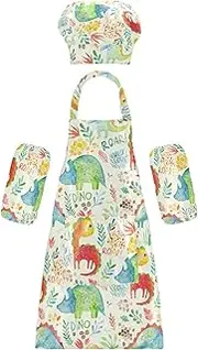AIXIWAWA Kids Apron Chef Hat Set, Child Kitchen Bib Aprons Adjustable for Cooking Baking Painting (Watercolor Cute Dinosaur)