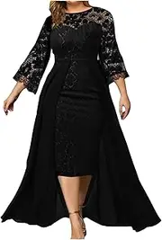 [Oplxuo] Women Plus Size Lace Pencil Dress with Chiffon Overlay, A-Line Midi Semi Formal Cocktail Party Dress for Wedding Guest