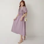 【POLYLULU】 微甜清新荷葉領縮腰綁帶短袖洋裝 中大尺碼洋裝 紫色
