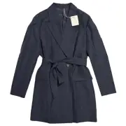 BRUNELLO CUCINELLI Wool Linen Pinstripe Belted Blazer Jacket Dark Blue IT 42