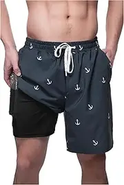 [Rokka&Rolla] Men's Swim Trunks with Compression Liner 7" Stretch Quick Dry Board Shorts