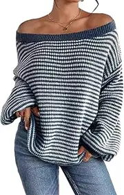 [Generic] Womens Off The Shoulder Sweater Top Striped Off-The-Shoulder Pullover Sweater Loose Fall Long Sleeve Sweaters