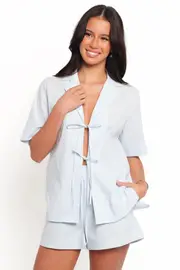 [PUP3] Aaliyah Cotton Tie Front Top - Pale Blue XS Blue