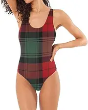 [Joitme] Classic Christmas Plaid Red Womens One Piece Bathing Suits, Small, One Piece Swimwear for Women