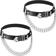 [Psyqtsuary] Pack of 2 Adjustable Heart Leg Garters, Faux Leather Black Adjustable Garter with Chains, Gothic Heart Garters for Legs and Thighs, Halloween, Rave, Carnival Party