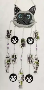 Handcrafted Fused Glass Whimsical Siamese Cat (Blue eyes) Wind Chime