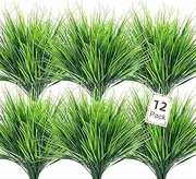 BIGFIS 12 Bundles Artificial Plants Outdoor Fake Monkey Grass with Flowers for Pot UV Resistant Garden Decor for Window Garden Patio Hanging Planter Pathway Front Porch (12, Green)