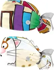 [WOSHJIUK] Working Hat 2 Pack Scrub Caps for Women,Cartoon Book Shelf,Tie Back Cap Adjustable Scrub Hat