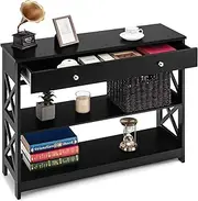 Costway Console Table with Drawer, 3-Tier Couch Table with Storage Shelves, Modern Sofa Side Table with Anti-toppling Device, Narrow Entryway Table for Small Space, Living Room, Hallway (Black)