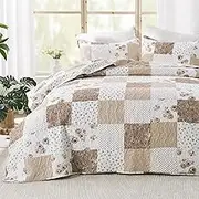 KINBEDY Oversized King Quilt Set 128x120, Brown Floral Patchwork Extra Wide King Bedspreads Coverlet Set 3 Piece Quilts for Bed, Reversible Lightweight Quilt Bedding Set with 2 Pillow Shams