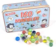 160 Classic Glass Marbles Toys in Vintage Storage Box Tin Novelty Children Boys