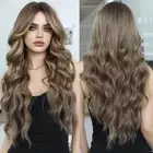 Long Wavy Light Brown Wigs With Bangs 26 Inch Ombre Dirty Blonde Curtain Bang...