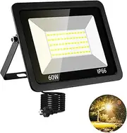 60W LED Flood Light, 6000lm 3000K Warm White Exterior Flood Lighting with Plug, IP66 Waterproof Outdoor Indoor Floodlight Fixture Landscape Security Light for Yard, Garden, Garage, Backyard