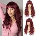 Burgundy Wavy Wig with Bangs 20 Inch Dark Wine Natural Wave Synthetic Hair He...