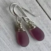 Min Favorit Smoky Amethyst Sea Glass Teardrop & Silver Pl Artisan Wrap Earrings
