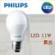 PHILIPS 飛利浦純淨光LED球泡燈11瓦E27 120V - 3000K黃光(出清特價