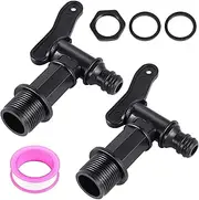 Pack of 2 Outlet Tap for Water Butt, Tap 3/4 Inch Plastic Replacement Tap with Seal Lock Nut Sealing Tape for Rainwater Barrel Water Tank Rain Barrel (Black)